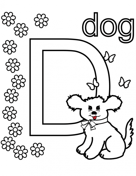 D is for Dog coloring page image
