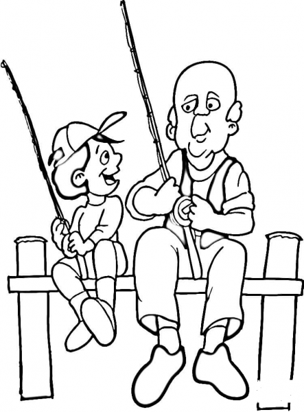 Dad and Son Fishing coloring page image