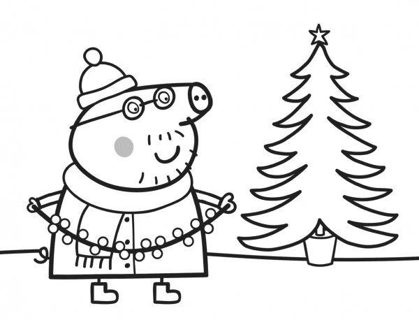 Daddy Pig Decorates Xmas Tree coloring page image