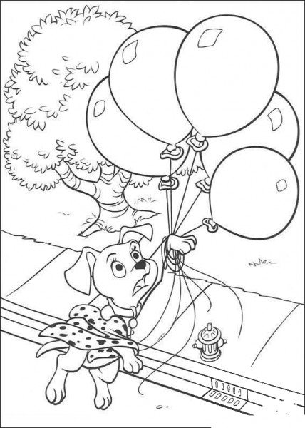 Dalmatian is flying a baloon coloring page image