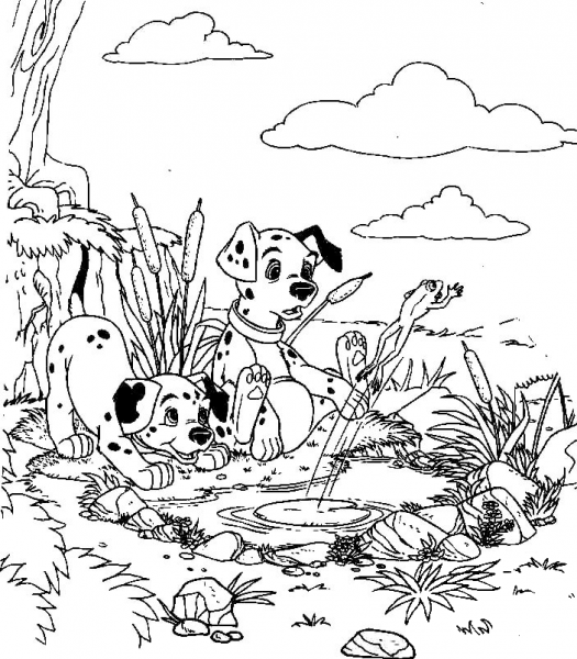 Dalmatians are Playing with a frog coloring page image