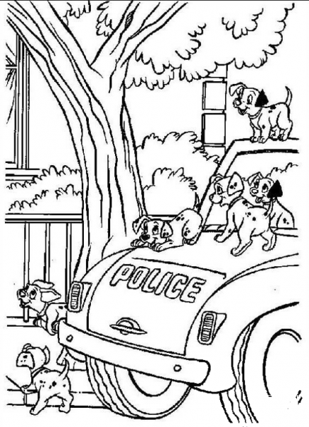 Dalmatians On A Police Car  coloring page image