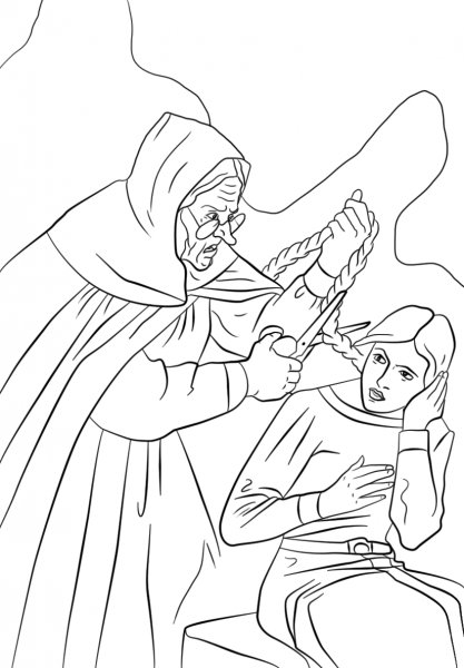 Dame Gothel Cutting Rapunzel’s Long Braided Hair coloring page image