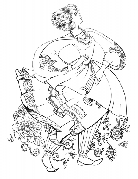 Dancing Woman in a Folk Costume coloring page image