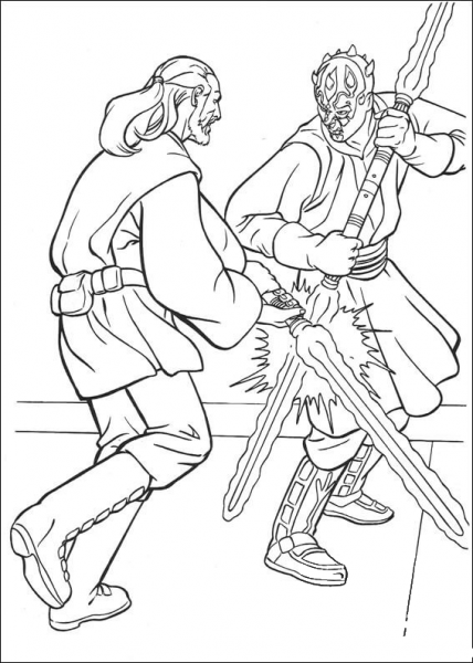 Darth Maul vs. Qui Gon Jinn fight coloring page image