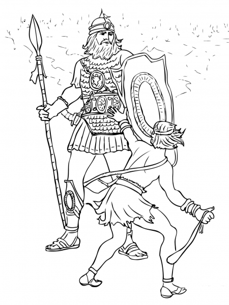 David and Goliath Fight coloring page image