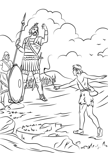 David and Goliath Fighting  coloring page image
