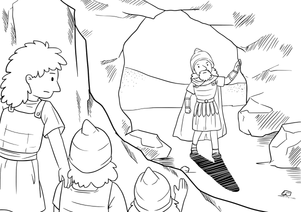 David and His Men Hide Far Back in the Cave coloring page image