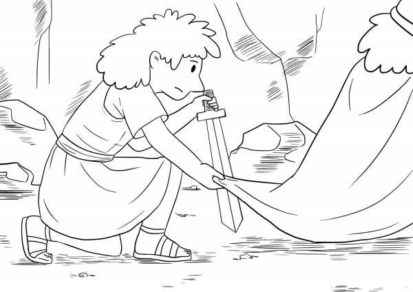 David Crept up Unnoticed and Cut off a Corner of Saul’s Robe coloring page image