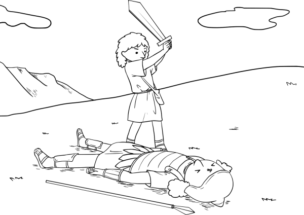 David Cut off Goliath’s Head with the Sword coloring page image
