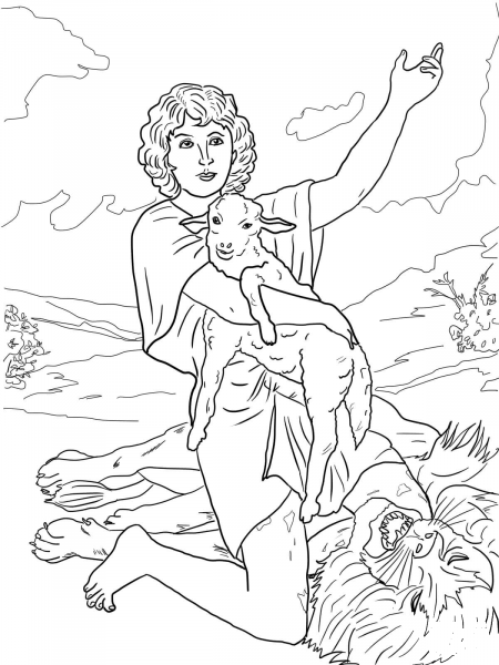 David Gives Praise to God after Killing a Lion coloring page image