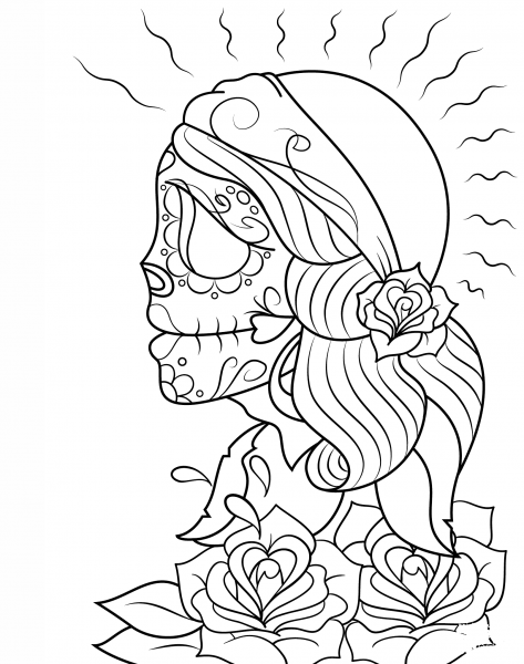 Day of the Dead Girl Skull coloring page image