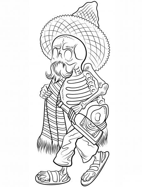 Day of the Dead Skeleton in Poncho and Sombrero coloring page image