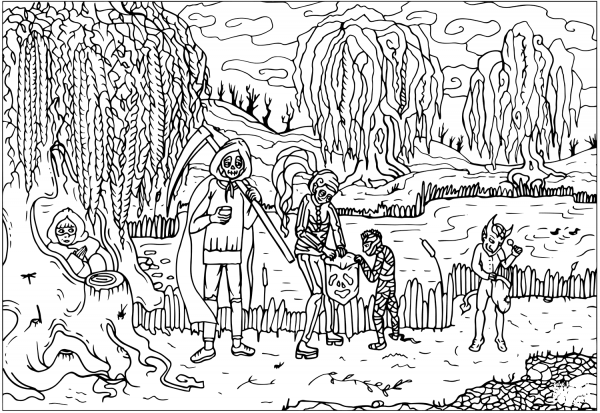 Death, Mummy, Skeleton and Devil are Mugging by the Lake on Halloween coloring page image