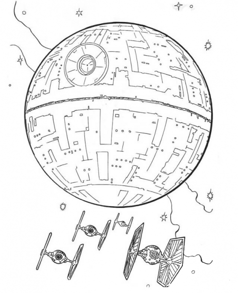 Death Star and Tie Fighters coloring page image