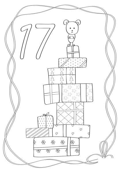 December 17 with a Mouse on Top of Christmas Presents coloring page image