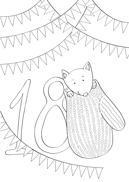 December 18 with Christmas Glove and Bunting Flags coloring page image