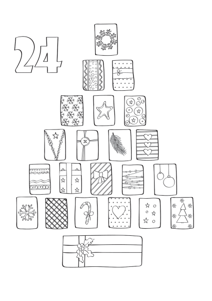 December 24 with Christmas Tree Made of Presents coloring page image