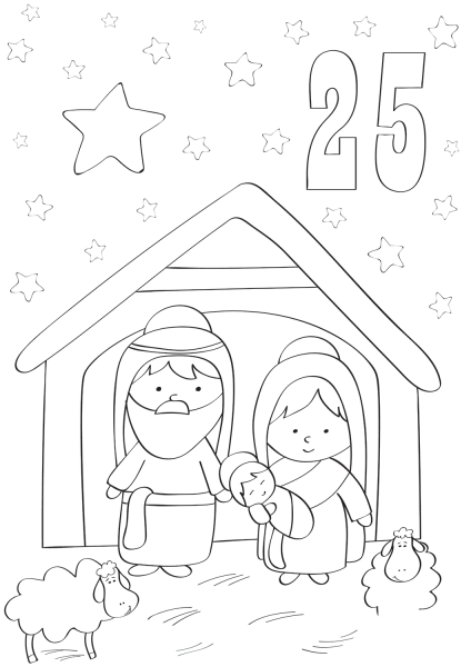 December 25 with Mary, Joseph and Baby Jesus coloring page image