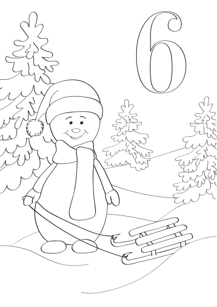 December 6 with Snowman and Sled coloring page image