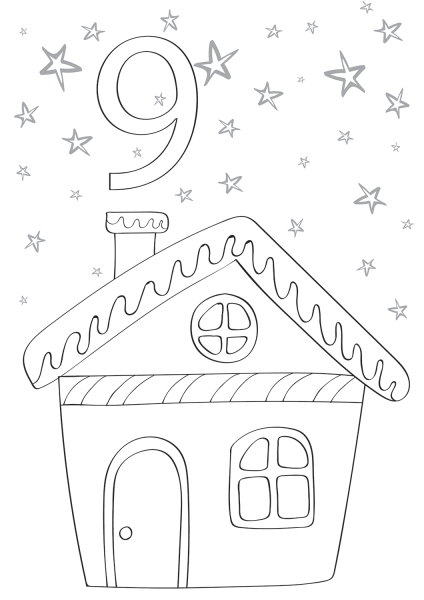 December 9 with a House in Winter coloring page image