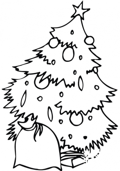 Decorated Christmas Tree with a Sack coloring page image