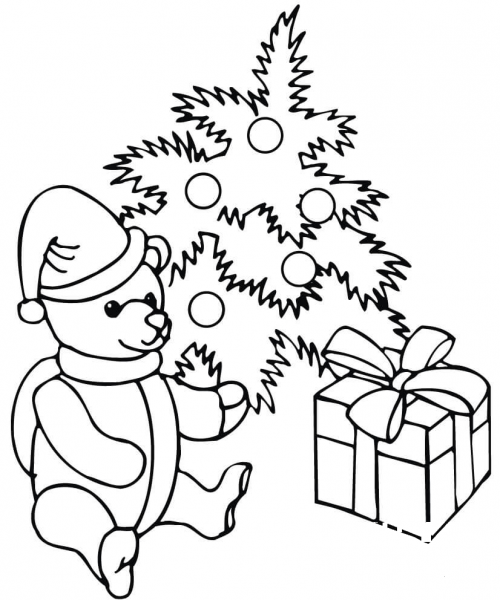 Decorated Christmas Tree with a Teddy Bear and a Gift Box  coloring page image