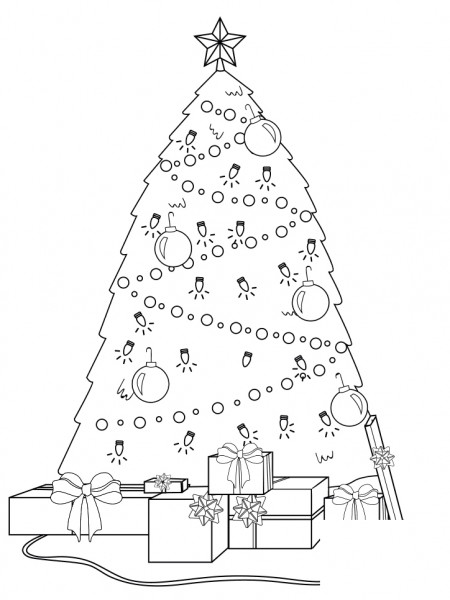 Decorated Christmas Tree with Presents Under It coloring page image