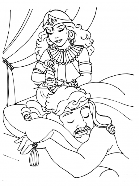 Delilah Cutting Samson’s Hair coloring page image