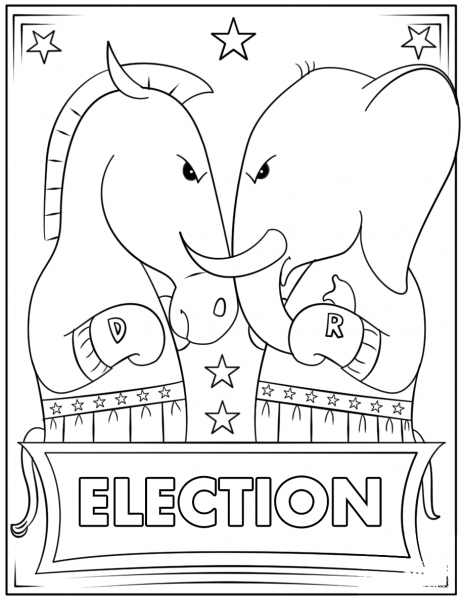 Democrat Donkey and Republican Elephant at Election Day coloring page image