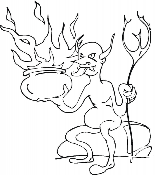 Demon with Burning Pot coloring page image