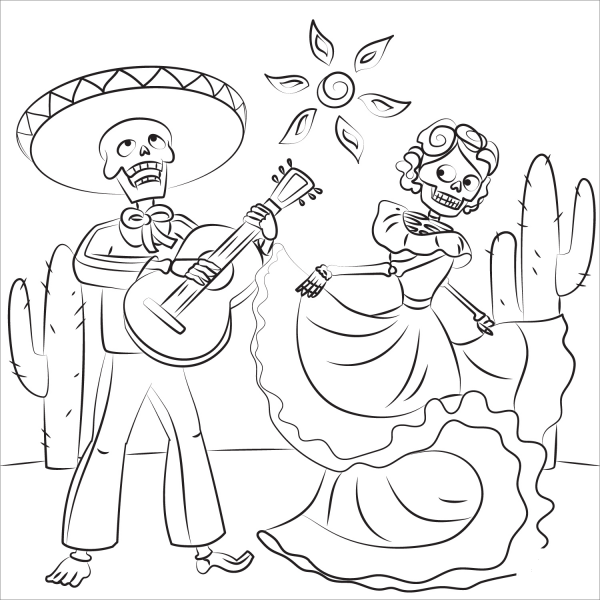 Dia De Los Muertos with Skeleton Playing Guitar and Skeleton Woman Dancing coloring page image
