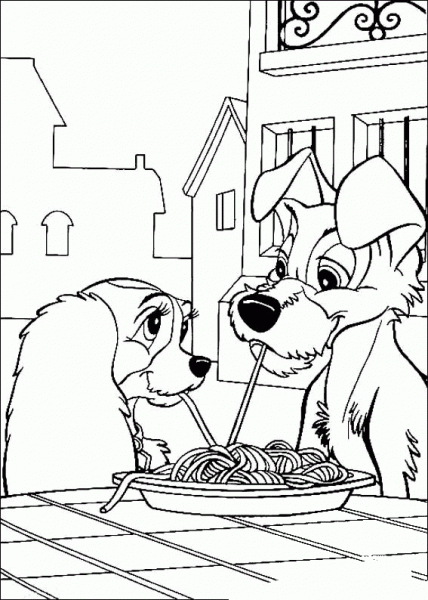 Dinner For Tramp and Lady coloring page image