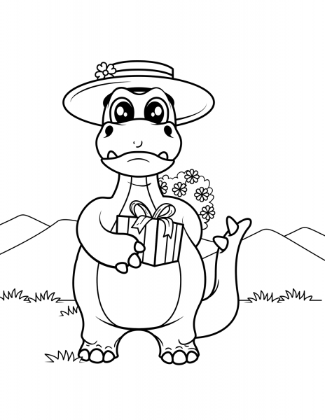 Dinosaur with Gift Box coloring page image