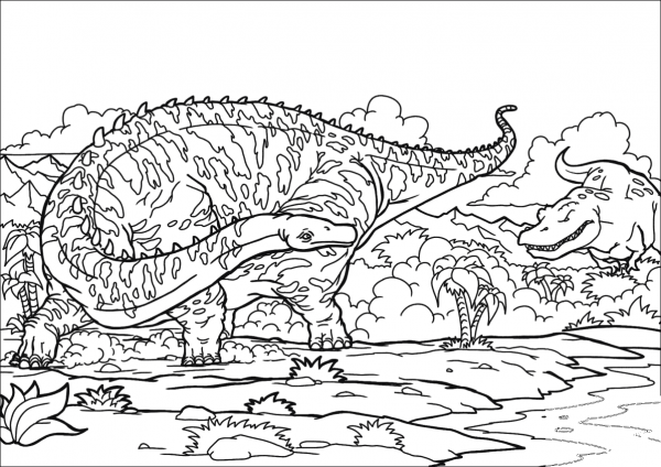 Diplodocus and T-Rex coloring page image