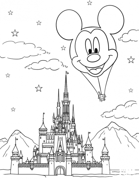 Disney Castle and Mickey Mouse Hot Air Balloon coloring page image