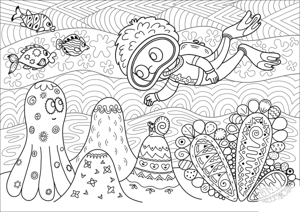 Diver Observing Coral Reef coloring page image