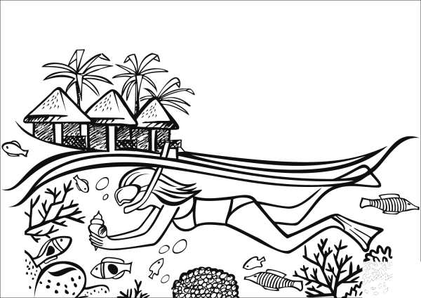 Diving Girl on the Maldives coloring page image