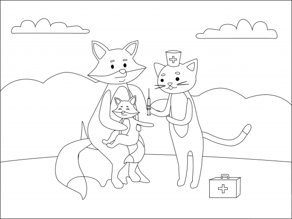 Doctor Animal – Foxes and Cat coloring page image