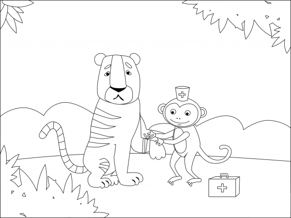 Doctor Animal – Monkey and Tiger coloring page image