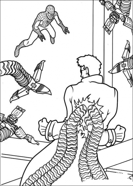 Doctor Octopus fighting against Spider Man coloring page image