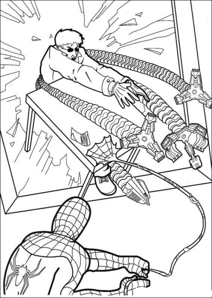 Doctor Octopus in a broken window coloring page image