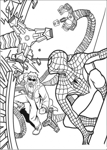 Doctor Octopus is chasing Spider-man coloring page image