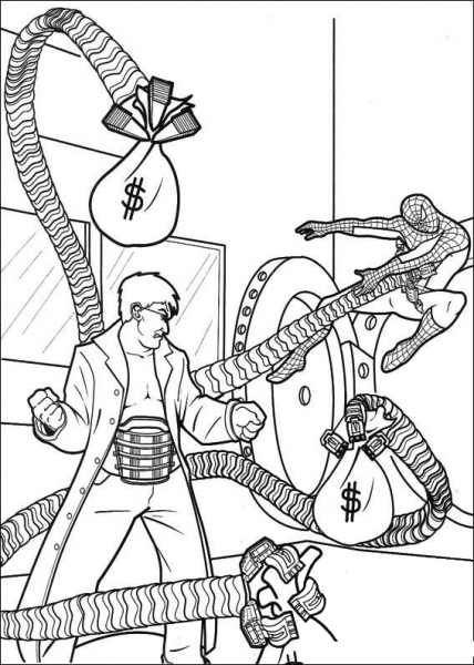 Doctor Octopus is robbing the bank coloring page image