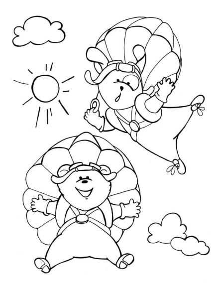 Dog and Bear Enjoy Their Parachute Flying coloring page image