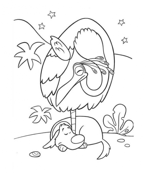 Dog And Bird Are Sleeping  coloring page image