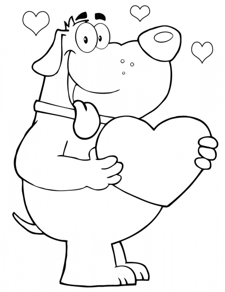 Dog Holding Up a Red Heart coloring page image