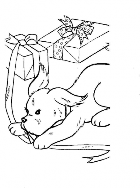 Dog is playing with present boxes coloring page image