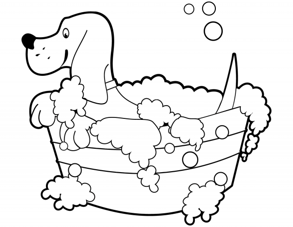 Dog Taking Bath coloring page image
