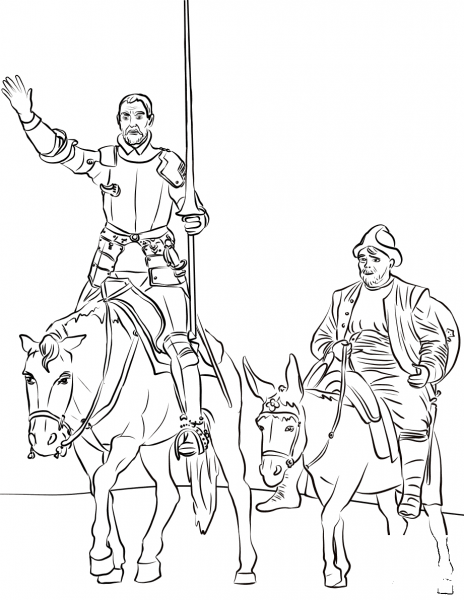 Don Quixote and Sancho Panza coloring page image
